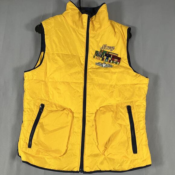 Columbia US Navy Reversible Vest Mens Small Yellow Navy Blue Puffer Insulated